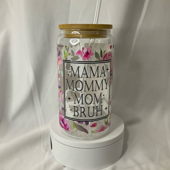16 Ounce Handmade Clear Glass Can Cup, W/Lid & Straw, Mama Floral - Picture 10 of 13